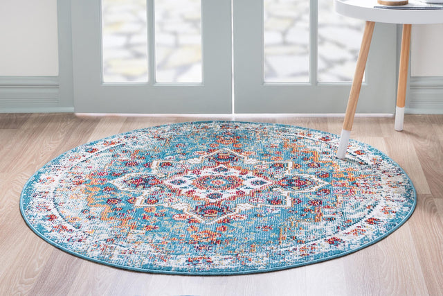 Turquoise 4' 1 x 4' 1 Charm Round Area Rug 100% Polypropylene With Jute Backing Traditional Vintage Distressed Look Carpet for Living Rooms Dining Office Space for Sale at Rug Engine