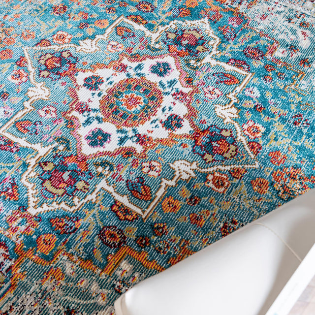 Turquoise 5' 3 x 5' 3 Charm Round Area Rug 100% Polypropylene With Jute Backing Traditional Vintage Distressed Look Carpet for Living Rooms Dining Office Space for Sale at Rug Engine