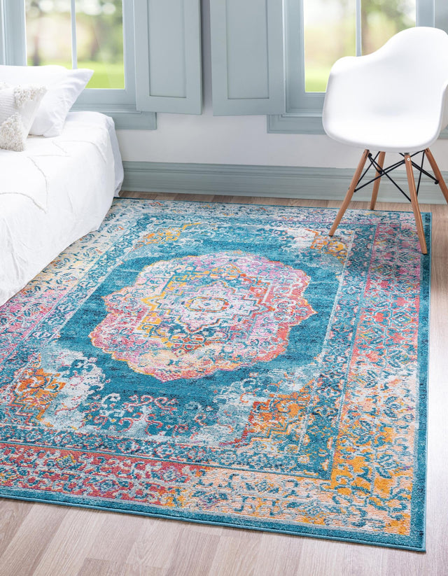 Turquoise 5' 1 x 8' Charm Rectangle Area Rug 100% Polypropylene With Jute Backing Traditional Vintage Distressed Look Carpet for Living Rooms Dining Office Space for Sale at Rug Engine