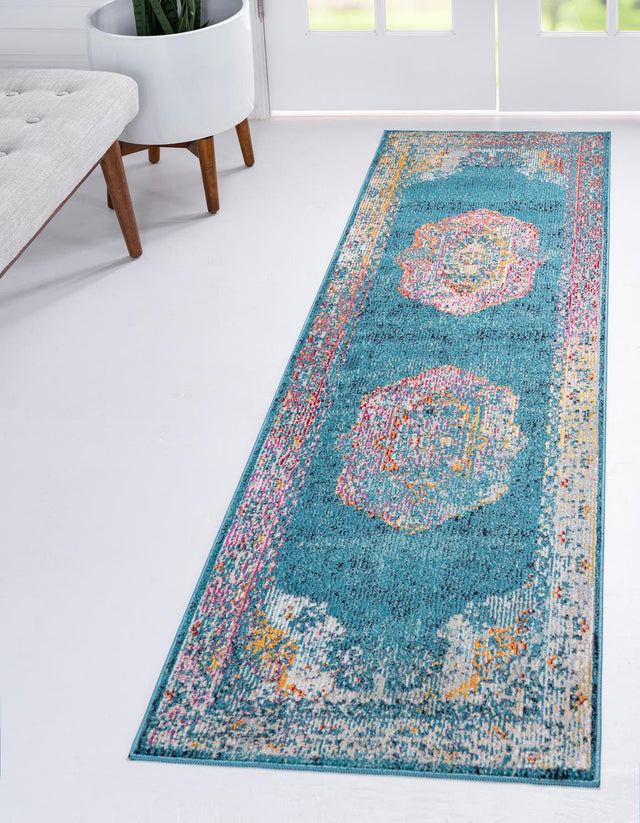 Turquoise 2' 2 x 6' 1 Charm Runner Area Rug 100% Polypropylene With Jute Backing Traditional Vintage Distressed Look Carpet for Living Rooms Dining Office Space for Sale at Rug Engine