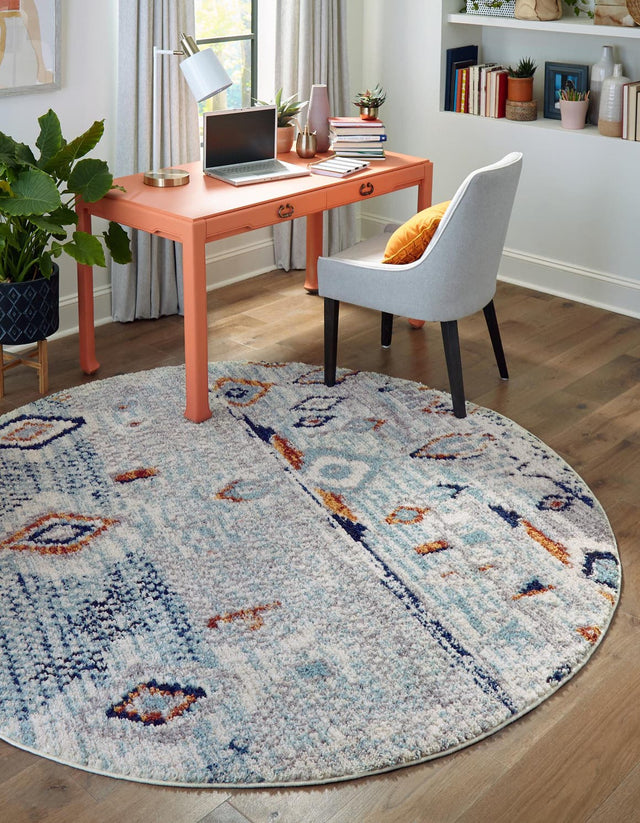 Light Blue 7' x 7' Morocco Round Area Rug 100% Polyester Traditional Classic Carpet for Moroccan Inspired Interior Design Home Decor for Sale at Rug Engine