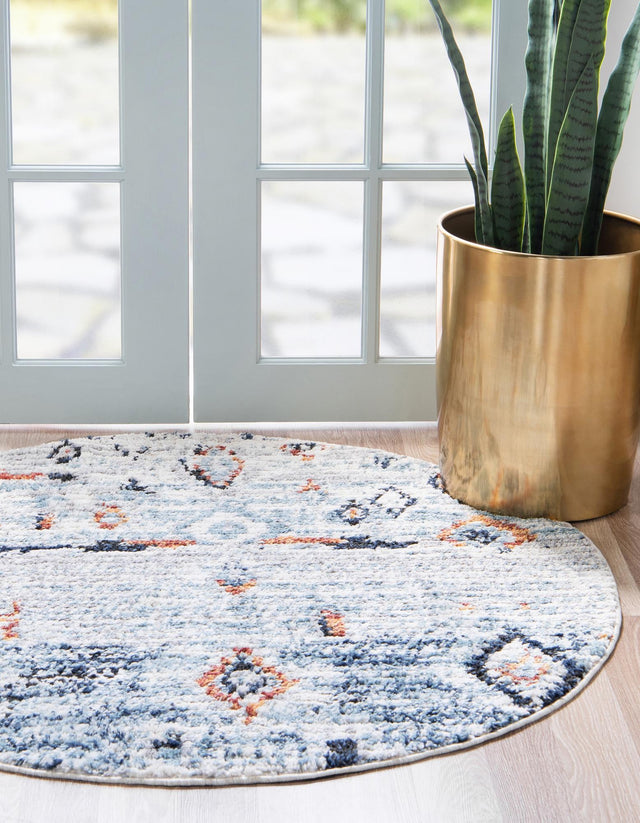 Light Blue 7' x 7' Morocco Round Area Rug 100% Polyester Traditional Classic Carpet for Moroccan Inspired Interior Design Home Decor for Sale at Rug Engine