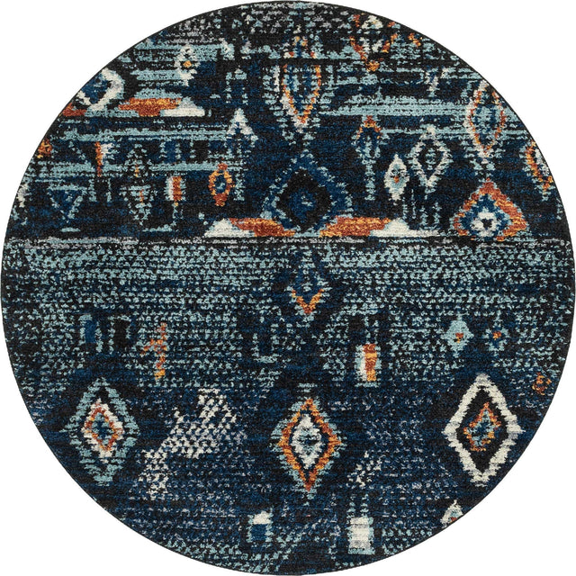 Navy Blue 7' x 7' Morocco Round Area Rug 100% Polyester Traditional Classic Carpet for Moroccan Inspired Interior Design Home Decor for Sale at Rug Engine