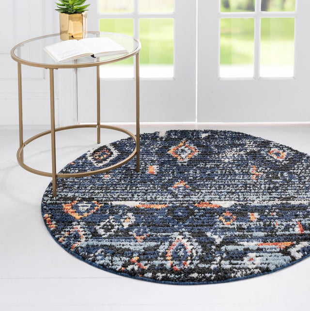 Navy Blue 4' 1 x 4' 1 Morocco Round Area Rug 100% Polyester Traditional Classic Carpet for Moroccan Inspired Interior Design Home Decor for Sale at Rug Engine