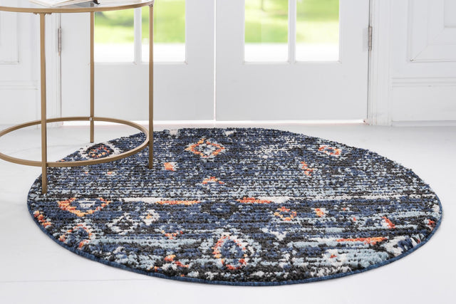 Navy Blue 7' x 7' Morocco Round Area Rug 100% Polyester Traditional Classic Carpet for Moroccan Inspired Interior Design Home Decor for Sale at Rug Engine