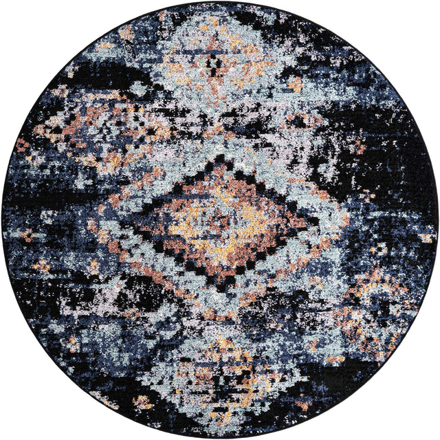 Navy Blue 7' x 7' Morocco Round Area Rug 100% Polyester Traditional Classic Carpet for Moroccan Inspired Interior Design Home Decor for Sale at Rug Engine