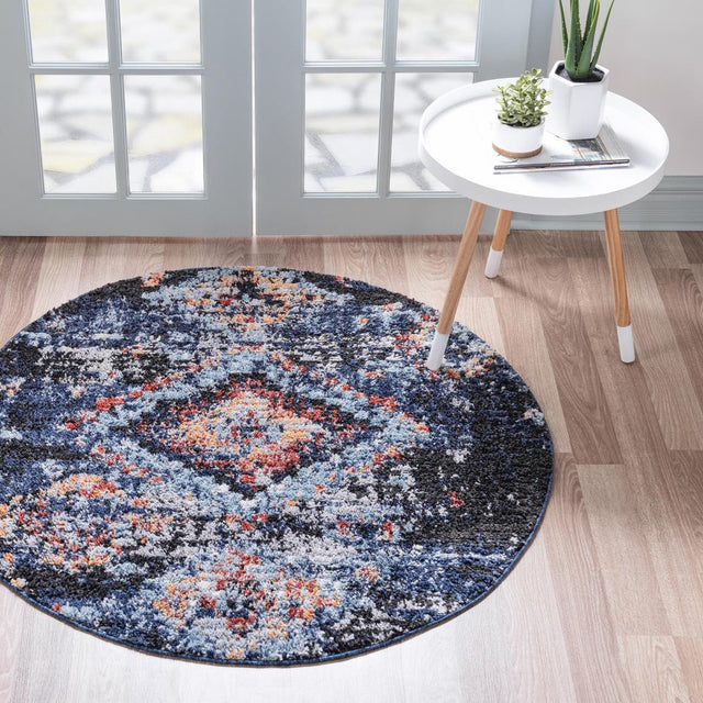 Navy Blue 7' x 7' Morocco Round Area Rug 100% Polyester Traditional Classic Carpet for Moroccan Inspired Interior Design Home Decor for Sale at Rug Engine