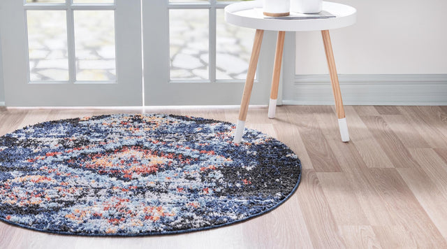 Navy Blue 7' x 7' Morocco Round Area Rug 100% Polyester Traditional Classic Carpet for Moroccan Inspired Interior Design Home Decor for Sale at Rug Engine