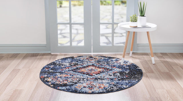 Navy Blue 7' x 7' Morocco Round Area Rug 100% Polyester Traditional Classic Carpet for Moroccan Inspired Interior Design Home Decor for Sale at Rug Engine