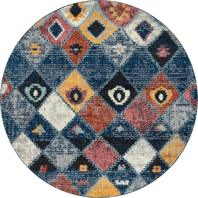 Blue 7' x 7' Morocco Round Area Rug 100% Polyester Traditional Classic Carpet for Moroccan Inspired Interior Design Home Decor for Sale at Rug Engine