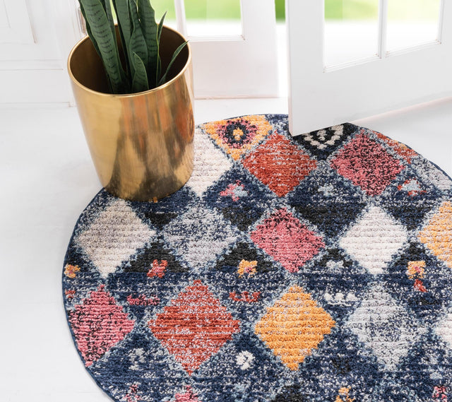 Blue 7' x 7' Morocco Round Area Rug 100% Polyester Traditional Classic Carpet for Moroccan Inspired Interior Design Home Decor for Sale at Rug Engine