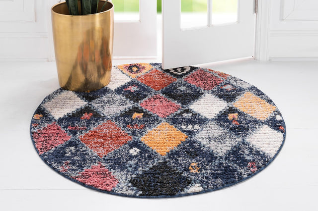 Blue 7' x 7' Morocco Round Area Rug 100% Polyester Traditional Classic Carpet for Moroccan Inspired Interior Design Home Decor for Sale at Rug Engine