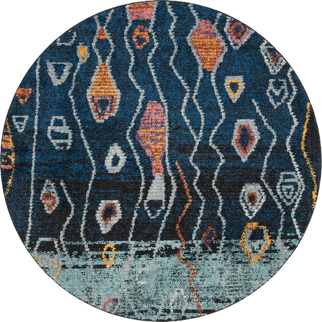 Navy Blue 7' x 7' Morocco Round Area Rug 100% Polyester Traditional Classic Carpet for Moroccan Inspired Interior Design Home Decor for Sale at Rug Engine
