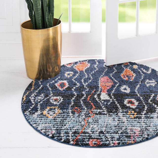 Navy Blue 7' x 7' Morocco Round Area Rug 100% Polyester Traditional Classic Carpet for Moroccan Inspired Interior Design Home Decor for Sale at Rug Engine