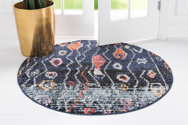 Navy Blue 7' x 7' Morocco Round Area Rug 100% Polyester Traditional Classic Carpet for Moroccan Inspired Interior Design Home Decor for Sale at Rug Engine