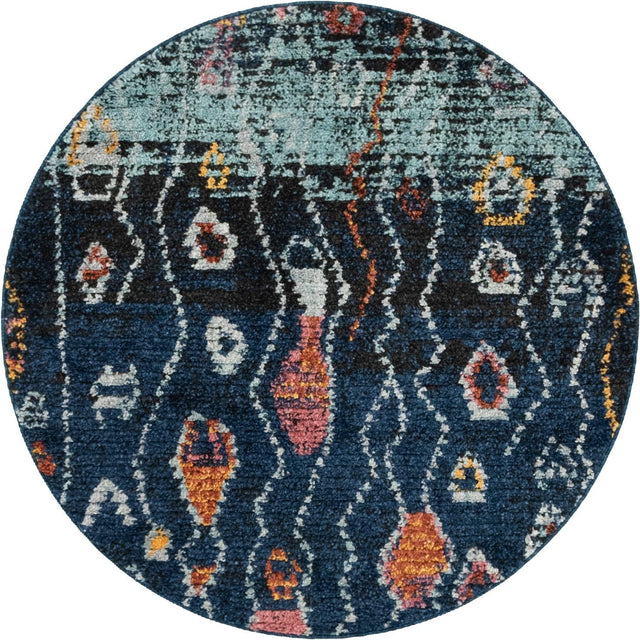 Navy Blue 4' 1 x 4' 1 Morocco Round Area Rug 100% Polyester Traditional Classic Carpet for Moroccan Inspired Interior Design Home Decor for Sale at Rug Engine
