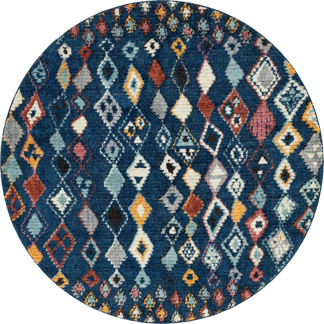 Navy Blue 7' x 7' Morocco Round Area Rug 100% Polyester Traditional Classic Carpet for Moroccan Inspired Interior Design Home Decor for Sale at Rug Engine