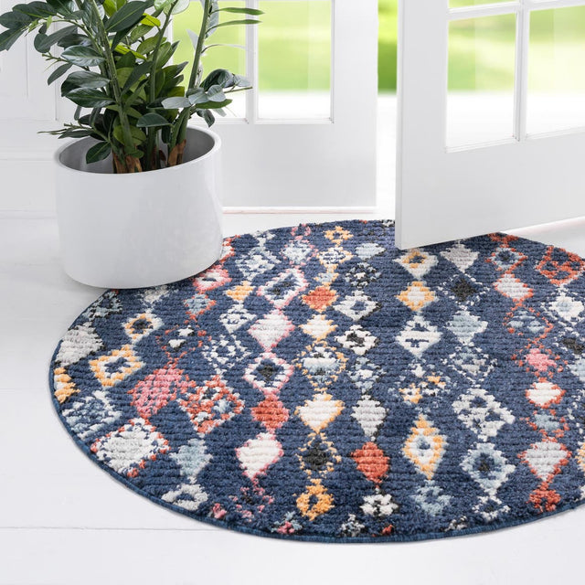 Navy Blue 7' x 7' Morocco Round Area Rug 100% Polyester Traditional Classic Carpet for Moroccan Inspired Interior Design Home Decor for Sale at Rug Engine