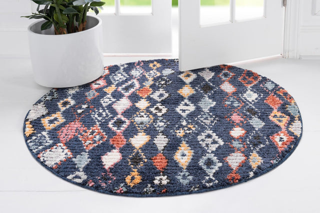 Navy Blue 7' x 7' Morocco Round Area Rug 100% Polyester Traditional Classic Carpet for Moroccan Inspired Interior Design Home Decor for Sale at Rug Engine