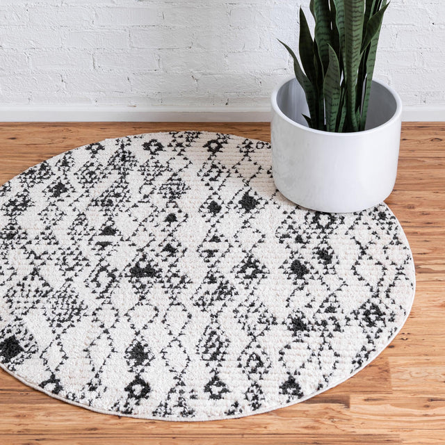 Ivory 4' 1 x 4' 1 Morocco Round Area Rug 100% Polyester Traditional Classic Carpet for Moroccan Inspired Interior Design Home Decor for Sale at Rug Engine
