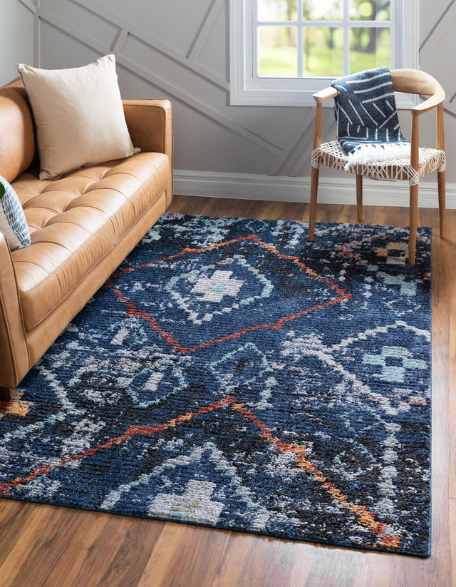 Navy Blue 5' 1 x 8' Morocco Rectangle Area Rug 100% Polyester Traditional Classic Carpet for Moroccan Inspired Interior Design Home Decor for Sale at Rug Engine