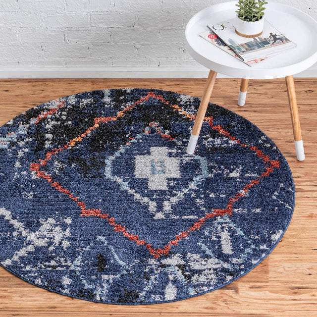 Navy Blue 7' x 7' Morocco Round Area Rug 100% Polyester Traditional Classic Carpet for Moroccan Inspired Interior Design Home Decor for Sale at Rug Engine