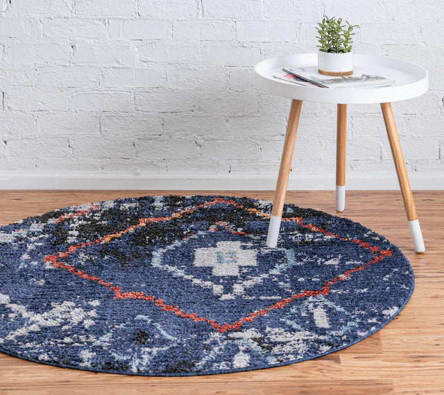 Navy Blue 7' x 7' Morocco Round Area Rug 100% Polyester Traditional Classic Carpet for Moroccan Inspired Interior Design Home Decor for Sale at Rug Engine