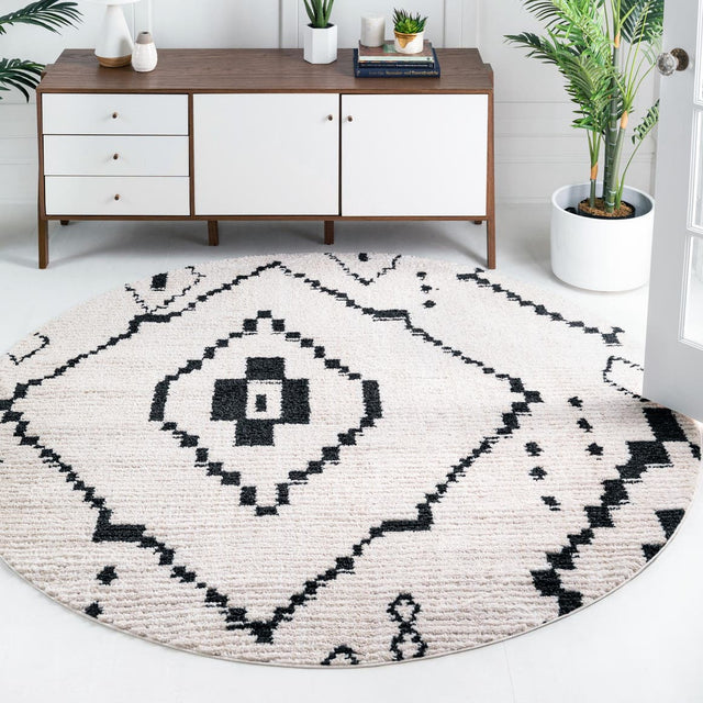 Ivory 7' x 7' Morocco Round Area Rug 100% Polyester Traditional Classic Carpet for Moroccan Inspired Interior Design Home Decor for Sale at Rug Engine