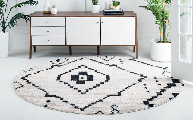 Ivory 4' 1 x 4' 1 Morocco Round Area Rug 100% Polyester Traditional Classic Carpet for Moroccan Inspired Interior Design Home Decor for Sale at Rug Engine