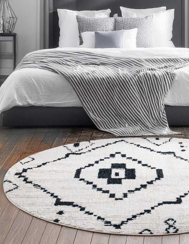 Ivory 4' 1 x 4' 1 Morocco Round Area Rug 100% Polyester Traditional Classic Carpet for Moroccan Inspired Interior Design Home Decor for Sale at Rug Engine