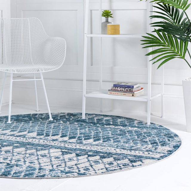 Blue 7' 1 x 7' 1 Leipzig Round Area Rug 75% Polypropylene & 25% Polyester Modern Contemporary Carpet for Kitchens, Bedroom, Living Room Home Decor for Sale at Rug Engine