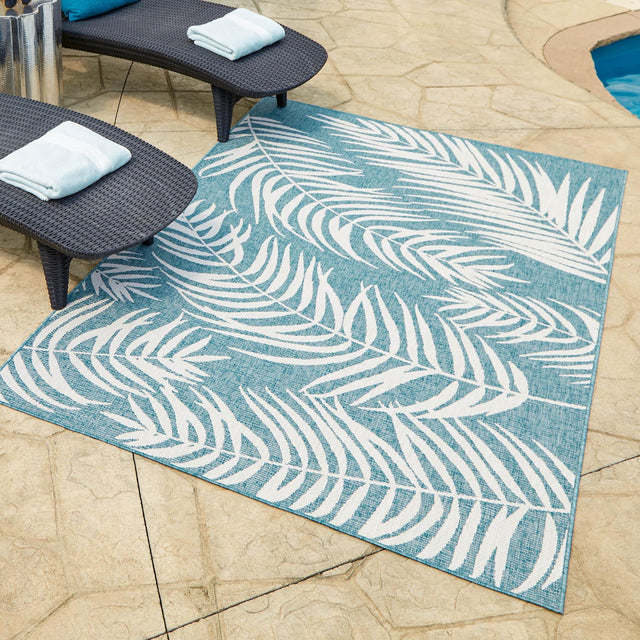 Light Aqua 10' x 13' 1 Outdoor Botanical Rectangle Area Rug Weather Resistant for Patio, Deck, Terrace, Balcony, Porch Polypropylene Garden Floral Tropical Carpet for Sale at Rug Engine