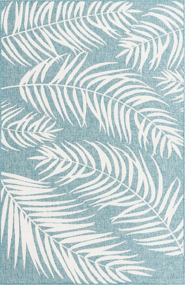 Light Aqua 5' 3 x 8' Outdoor Botanical Rectangle Area Rug Weather Resistant for Patio, Deck, Terrace, Balcony, Porch Polypropylene Garden Floral Tropical Carpet for Sale at Rug Engine