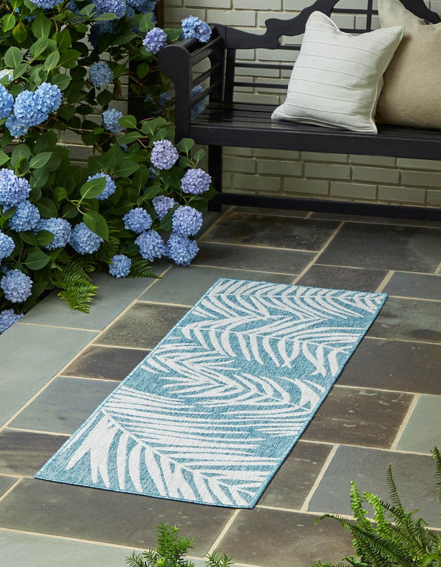 Light Aqua 2' x 6' 1 Outdoor Botanical Runner Area Rug Weather Resistant for Patio, Deck, Terrace, Balcony, Porch Polypropylene Garden Floral Tropical Carpet for Sale at Rug Engine