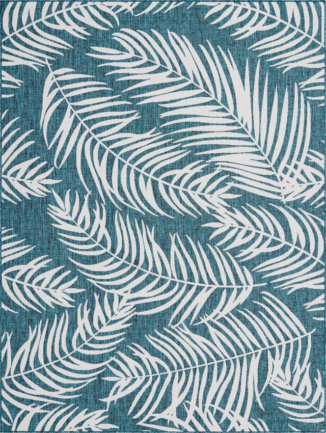 Teal 9' x 12' Outdoor Botanical Rectangle Area Rug Weather Resistant for Patio, Deck, Terrace, Balcony, Porch Polypropylene Garden Floral Tropical Carpet for Sale at Rug Engine