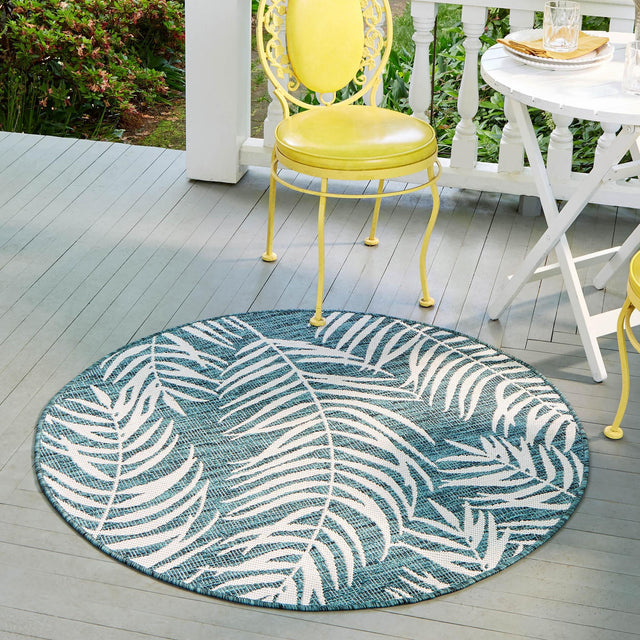 Teal 6' 1 x 6' 1 Outdoor Botanical Round Area Rug Weather Resistant for Patio, Deck, Terrace, Balcony, Porch Polypropylene Garden Floral Tropical Carpet for Sale at Rug Engine