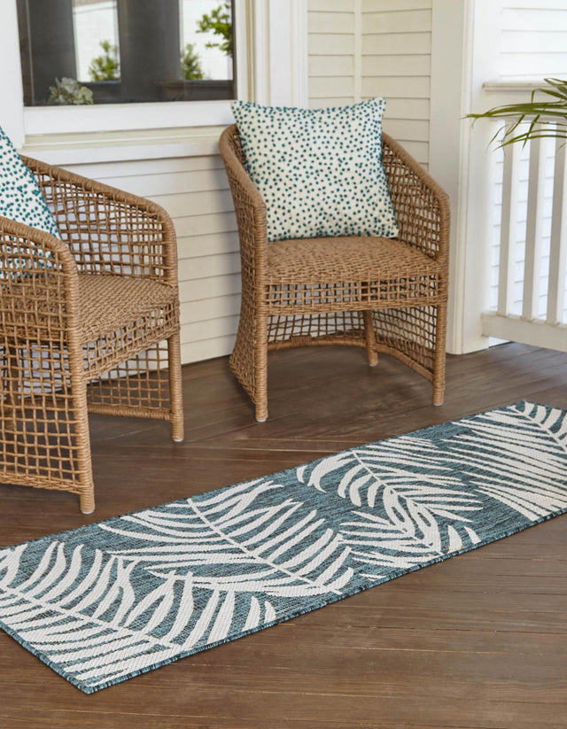 Teal 2' x 8' Outdoor Botanical Runner Area Rug Weather Resistant for Patio, Deck, Terrace, Balcony, Porch Polypropylene Garden Floral Tropical Carpet for Sale at Rug Engine