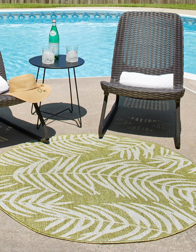 Green 7' 10 x 7' 10 Outdoor Botanical Round Area Rug Weather Resistant for Patio, Deck, Terrace, Balcony, Porch Polypropylene Garden Floral Tropical Carpet for Sale at Rug Engine