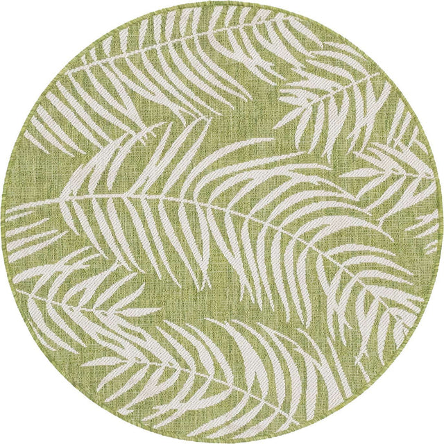 Green 4' 1 x 4' 1 Outdoor Botanical Round Area Rug Weather Resistant for Patio, Deck, Terrace, Balcony, Porch Polypropylene Garden Floral Tropical Carpet for Sale at Rug Engine