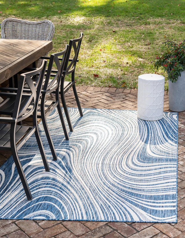 Blue 6' 1 x 9' Outdoor Modern Rectangle Area Rug Weather Resistant for Patio, Deck, Terrace, Balcony, Porch 100% Polypropylene Modern Outside Carpet for Sale at Rug Engine