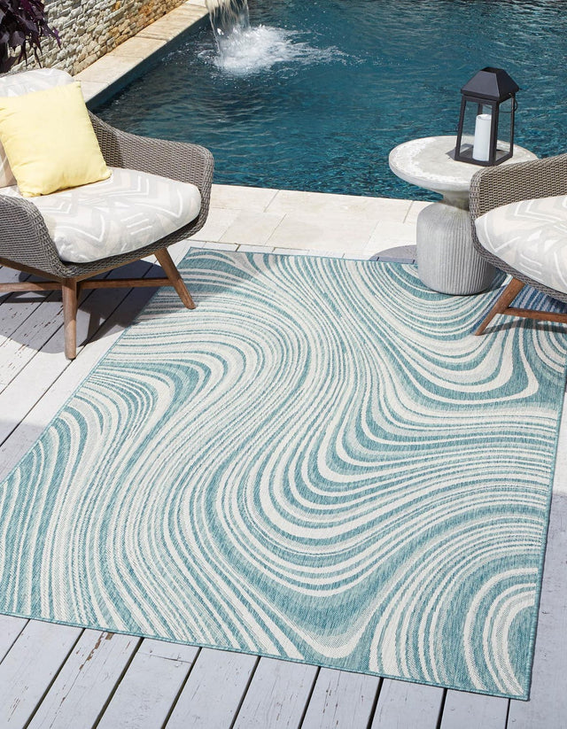 Light Aqua 4' 1 x 6' 1 Outdoor Modern Rectangle Area Rug Weather Resistant for Patio, Deck, Terrace, Balcony, Porch 100% Polypropylene Modern Outside Carpet for Sale at Rug Engine