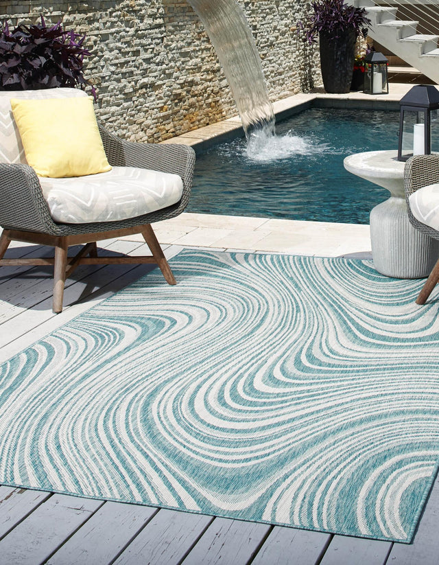 Light Aqua 7' 1 x 10' Outdoor Modern Rectangle Area Rug Weather Resistant for Patio, Deck, Terrace, Balcony, Porch 100% Polypropylene Modern Outside Carpet for Sale at Rug Engine