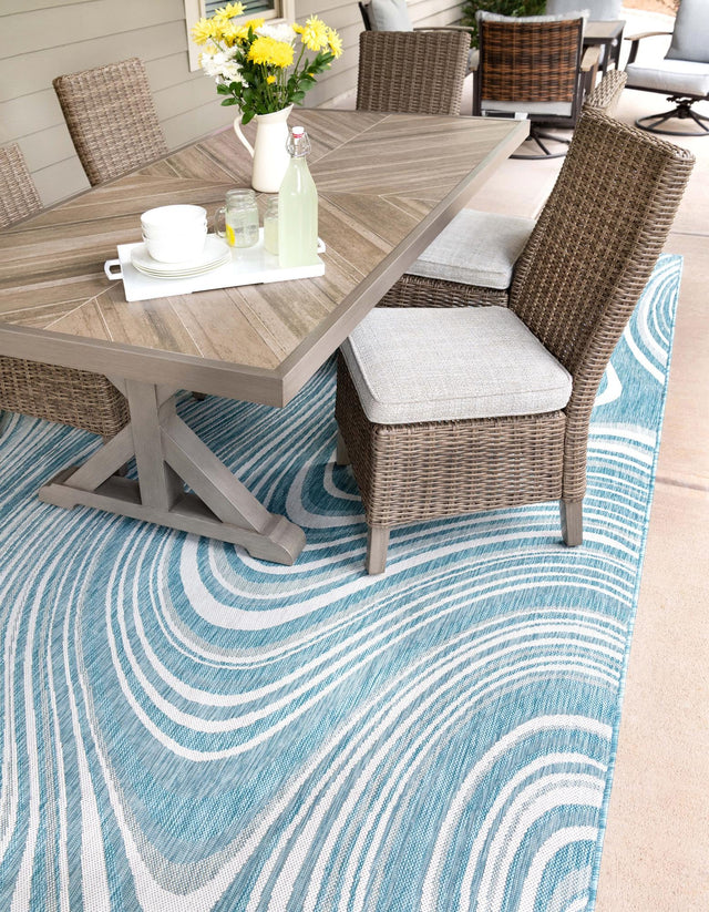 Light Aqua 7' 1 x 10' Outdoor Modern Rectangle Area Rug Weather Resistant for Patio, Deck, Terrace, Balcony, Porch 100% Polypropylene Modern Outside Carpet for Sale at Rug Engine