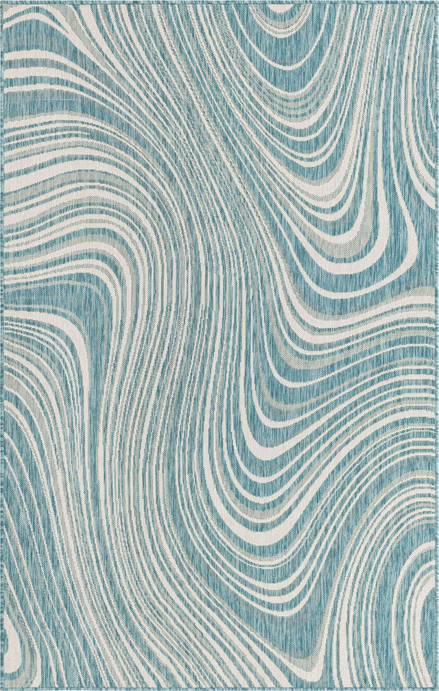 Light Aqua 5' 3 x 8' Outdoor Modern Rectangle Area Rug Weather Resistant for Patio, Deck, Terrace, Balcony, Porch 100% Polypropylene Modern Outside Carpet for Sale at Rug Engine