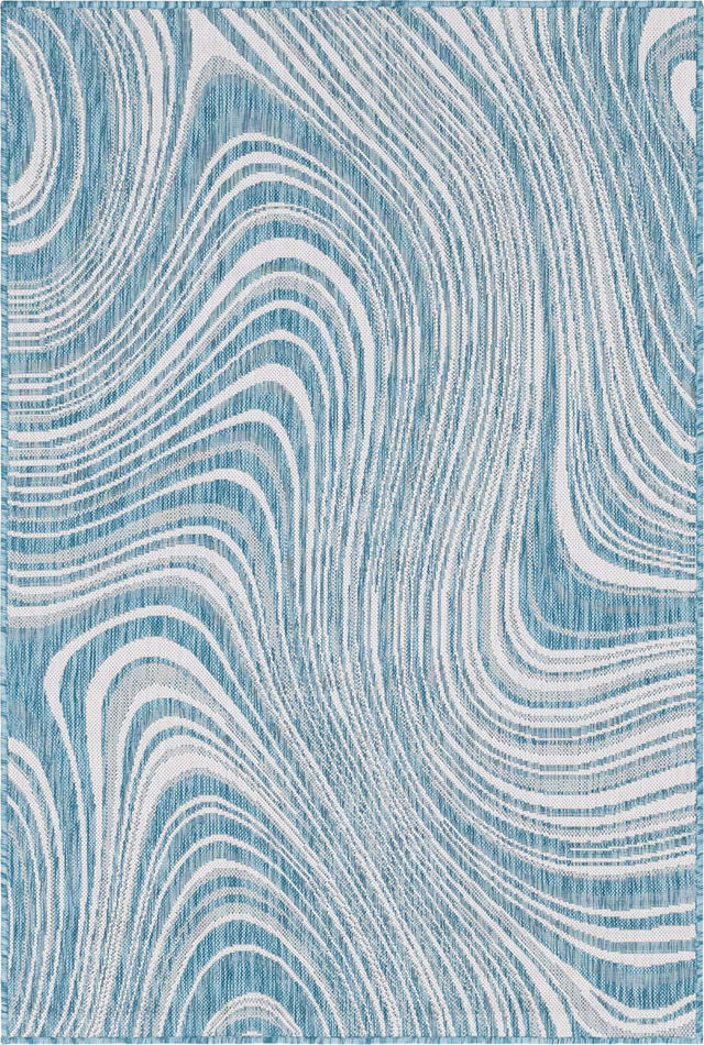 Light Aqua 4' 1 x 6' 1 Outdoor Modern Rectangle Area Rug Weather Resistant for Patio, Deck, Terrace, Balcony, Porch 100% Polypropylene Modern Outside Carpet for Sale at Rug Engine