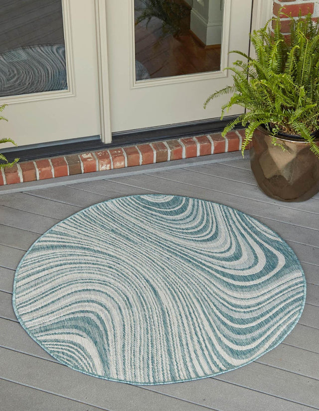 Light Aqua 4' 1 x 4' 1 Outdoor Modern Round Area Rug Weather Resistant for Patio, Deck, Terrace, Balcony, Porch 100% Polypropylene Modern Outside Carpet for Sale at Rug Engine