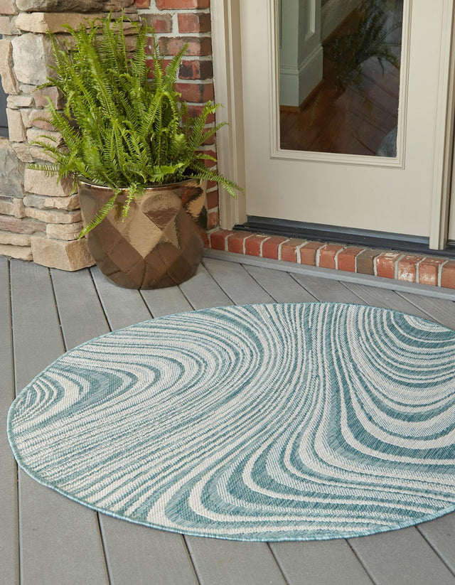 Light Aqua 4' 1 x 4' 1 Outdoor Modern Round Area Rug Weather Resistant for Patio, Deck, Terrace, Balcony, Porch 100% Polypropylene Modern Outside Carpet for Sale at Rug Engine