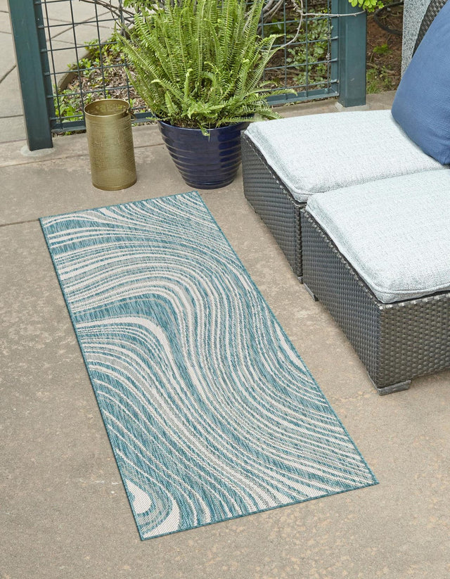 Light Aqua 2' x 6' 1 Outdoor Modern Runner Area Rug Weather Resistant for Patio, Deck, Terrace, Balcony, Porch 100% Polypropylene Modern Outside Carpet for Sale at Rug Engine