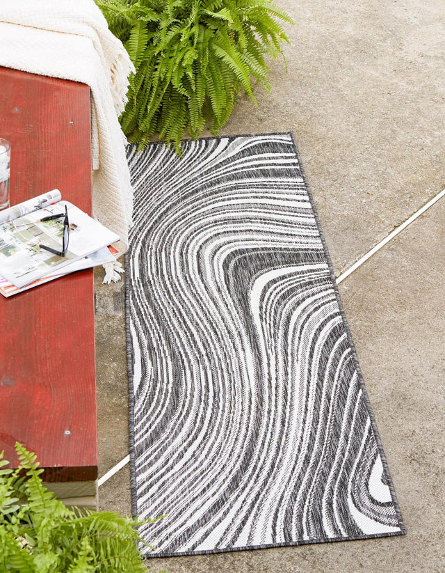 Charcoal 2' x 6' 1 Outdoor Modern Runner Area Rug Weather Resistant for Patio, Deck, Terrace, Balcony, Porch 100% Polypropylene Modern Outside Carpet for Sale at Rug Engine