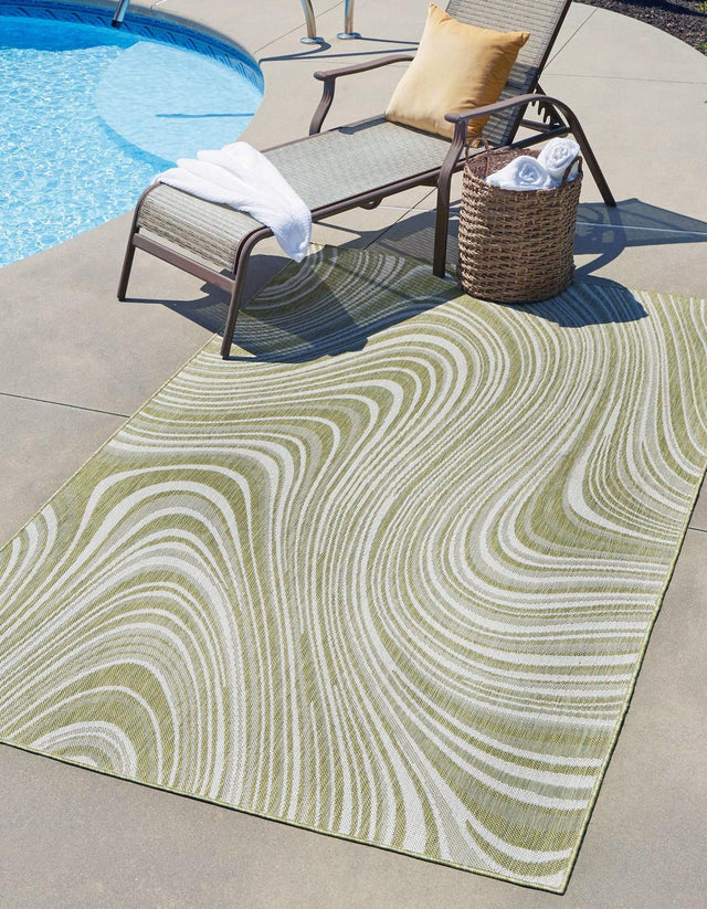 Green 7' 1 x 10' Outdoor Modern Rectangle Area Rug Weather Resistant for Patio, Deck, Terrace, Balcony, Porch 100% Polypropylene Modern Outside Carpet for Sale at Rug Engine